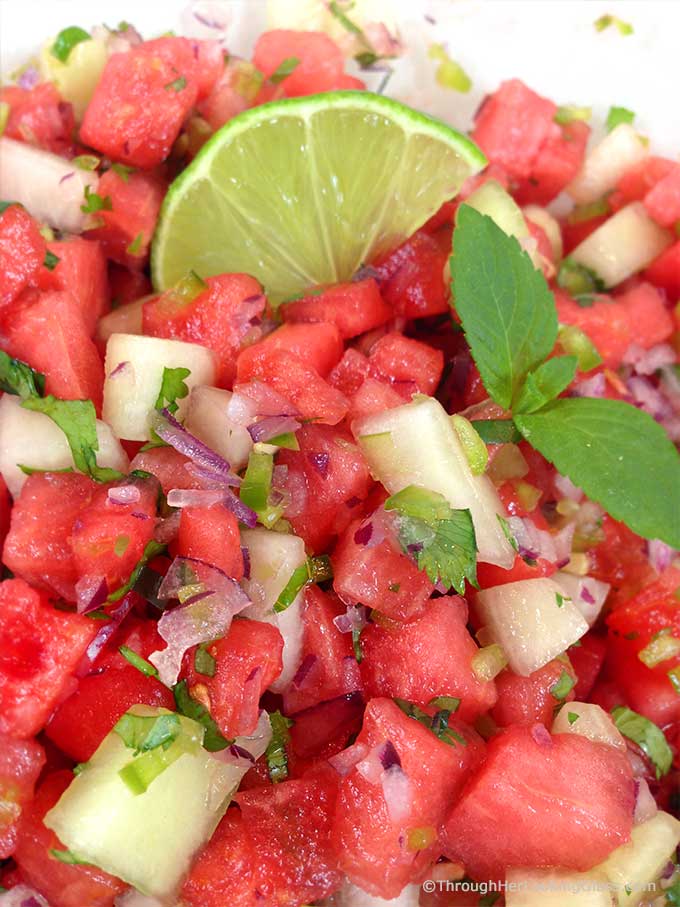 Watermelon Salsa: sweet & spicy. Refreshing in summer. Watermelon, honeydew, jalapeno, sweet red onion, cilantro and mint! Perfect summer salsa twist!