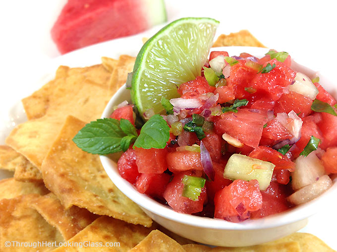 Watermelon Salsa: sweet & spicy. Refreshing in summer. Watermelon, honeydew, jalapeno, sweet red onion, cilantro and mint! Perfect summer salsa twist!