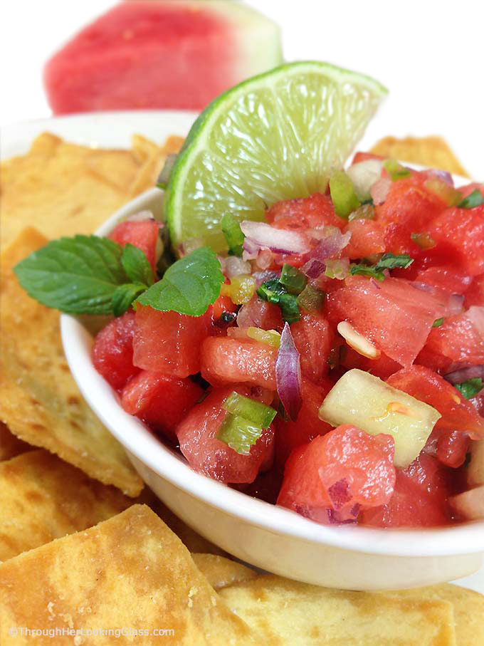 Watermelon Salsa: sweet & spicy. Refreshing in summer. Watermelon, honeydew, jalapeno, sweet red onion, cilantro and mint! Perfect summer salsa twist!