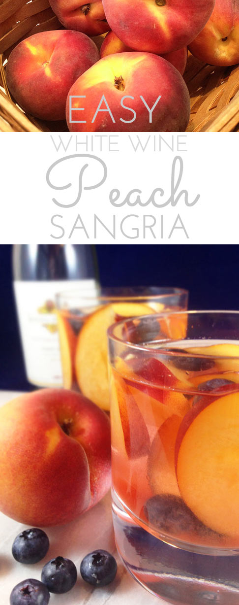 Easy and fruity: Make White Wine Peach Sangria by the pitcherful! Sweet peaches macerate in a delicious cocktail for all the pool & patio summer parties!