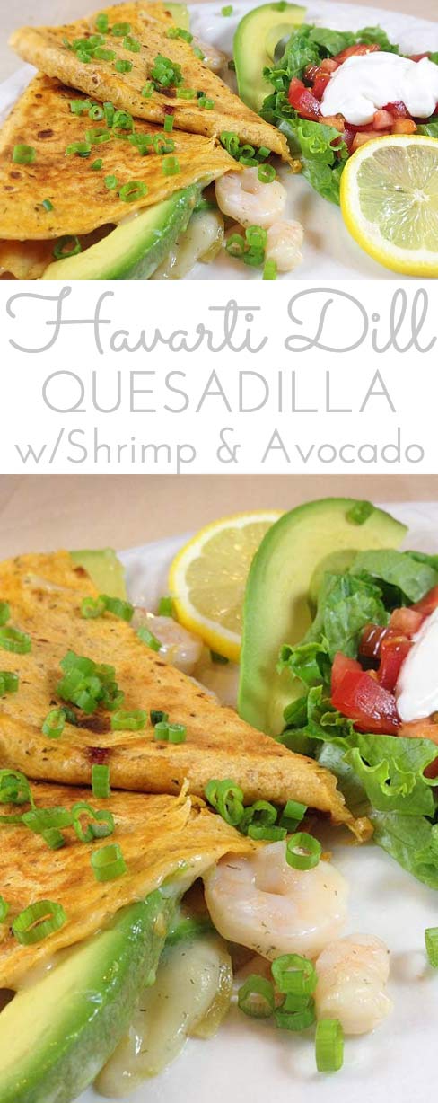 Summery Quesadilla De Marisco. Stuffed with fresh avocado slices, shrimp, melted Havarti dill cheese and green chilies. Light, res and delicious!