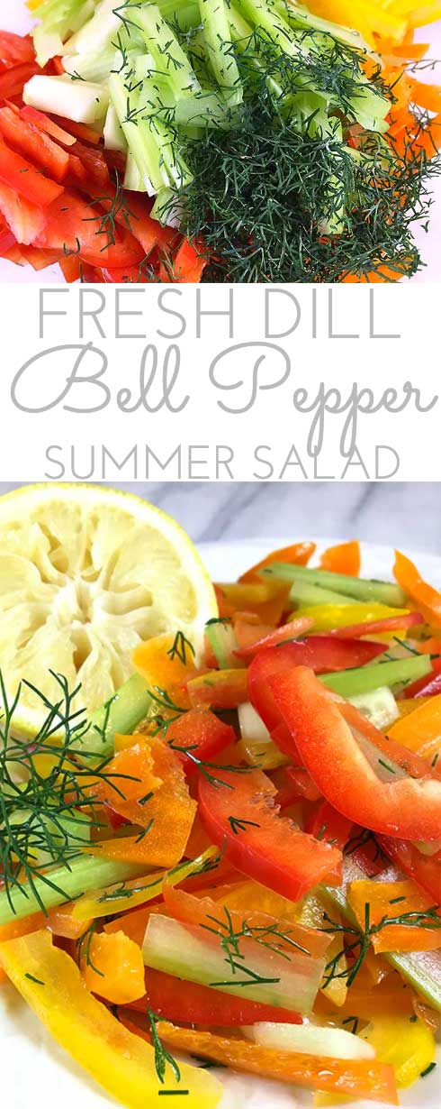 Fresh Dill Bell Pepper Salad: julienned bell pepper matchsticks mingle w/ chopped dill & lemon juice vinaigrette. Bright & colorful crunchy summer salad!