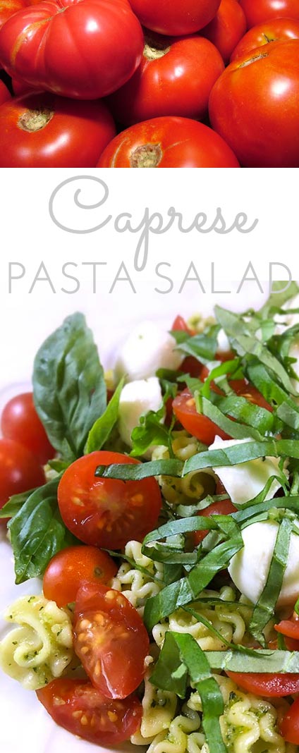This Caprese Pasta Salad Recipe: perfect side incorporating your garden basil! Fresh basil pesto, pasta, sun-ripened tomatoes and fresh mozzarella. Delish!