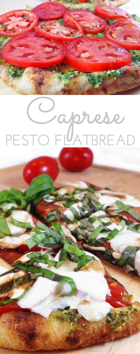 Caprese Pesto Flatbread. Fresh basil pesto, tomatoes, fresh mozzarella and drizzle of balsamic vinegar combine for a fresh & delicious flatbread pizza.