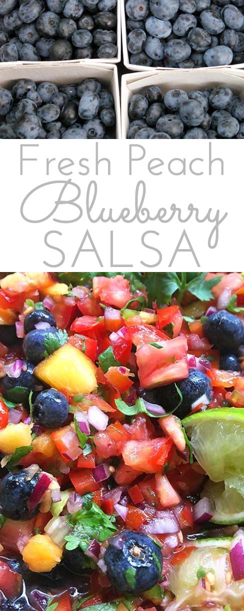 Fresh Peach Blueberry Salsa: fruity salsa with a delicious bite! This fresh salsa is so addictive. The peaches and blueberries are a sweet surprise!