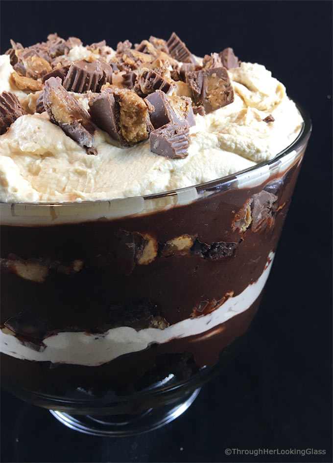Chocolate Peanut Butter Trifle with Peanut Butter Whipped Cream only looks hard to make! Brownie crumbles, homemade peanut butter whipped cream and creamy chocolate pudding layer with chopped peanut butter cups.