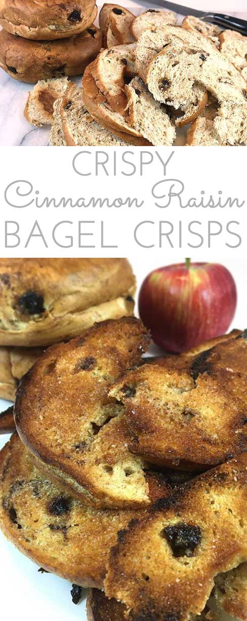 Crispy Cinnamon Raisin Bagel Chips Recipe: make your own addictive bagel chips at home. Easy snack and the perfect yummy with breakfast or brunch.