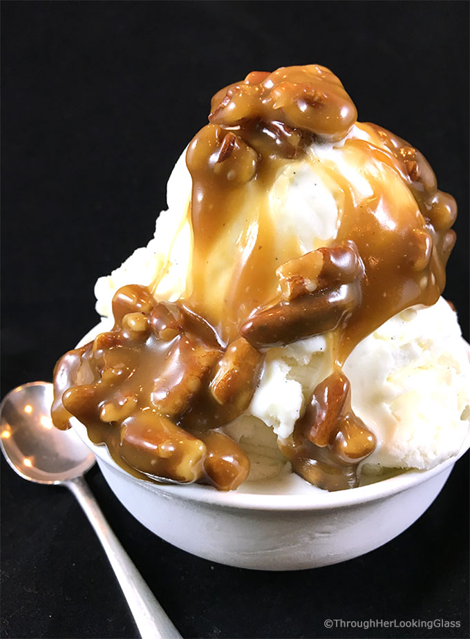 Maple Praline Pecan Sauce: ultimate New England pecan sauce transforms plain desserts into masterpieces. Nothing better than maple syrup, cream & pecans.