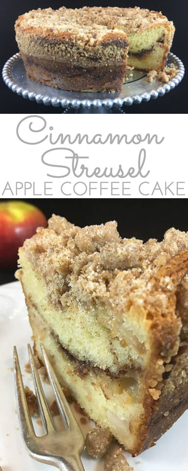 Tender Cinnamon Streusel Apple Coffee Cake: your new favorite sour cream coffee cake. Packed with apples, cinnamon filling & a crumbly cinnamon streusel.
