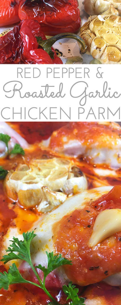 Roasted Garlic Chicken Parmesan w/Roasted Red Peppers Skillet: Chicken thighs smothered in Prego Roasted Garlic sauce & mozzarella cheese. Buon appetito! #AD