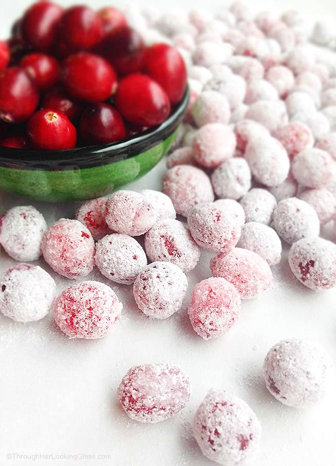 Festive Sugared Cranberries. Bursting w/flavor that pops in your mouth. Sweet & tart. Tangy & addictive. Perfect cheesecake garnish, snack, stocking stuffer or gift. Pretty and delicious on the cheese tray.
