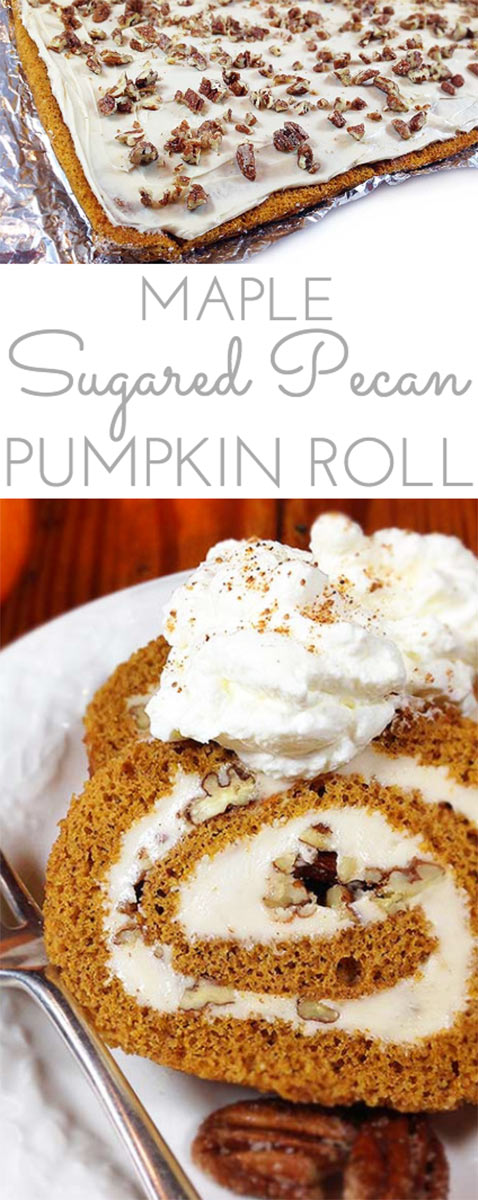 Sugared Pecan Maple Pumpkin Roll Recipe. Love maple syrup? You'll love this ultimate fall dessert. Creamy maple filling, sugared pecans & spiced pumpkin roll. Wow.