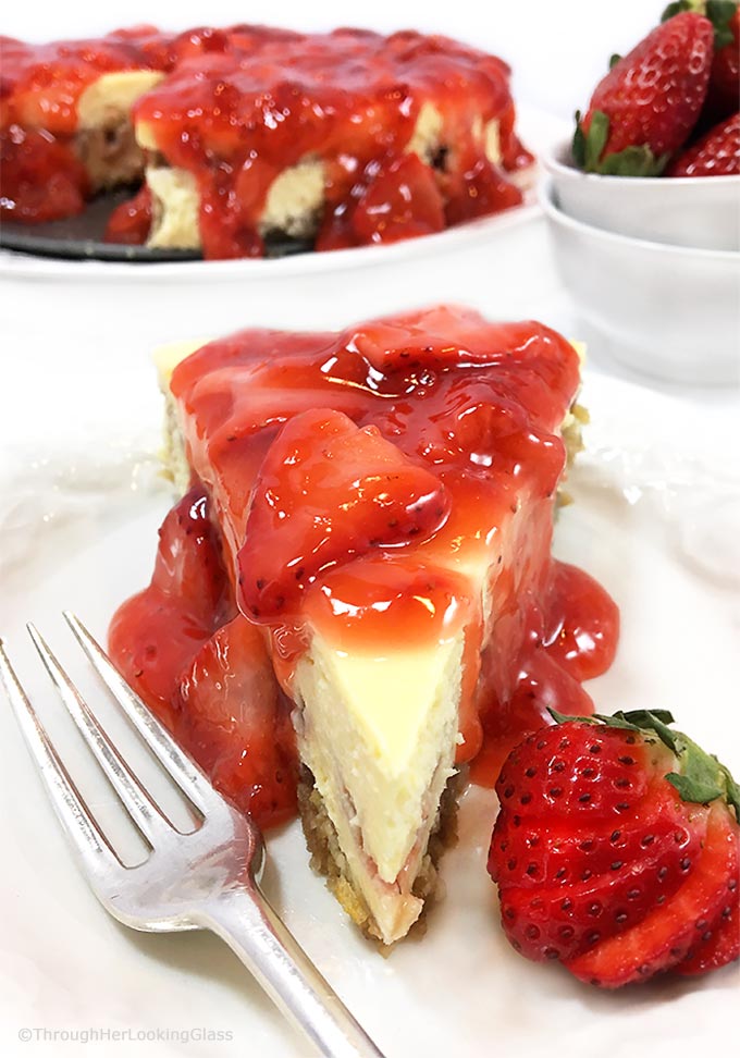 This rich & creamy Strawberry Cheesecake Recipe is the perfect make ahead dessert. Bake the cheesecake, ladle on fresh strawberry sauce before serving.