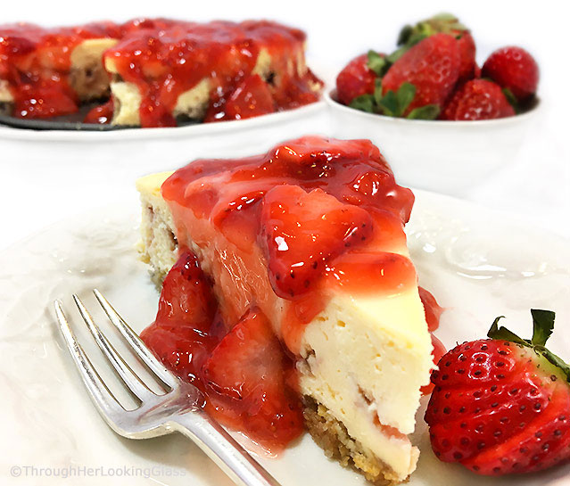 This rich & creamy Strawberry Cheesecake Recipe is the perfect make ahead dessert. Bake the cheesecake, ladle on fresh strawberry sauce before serving.