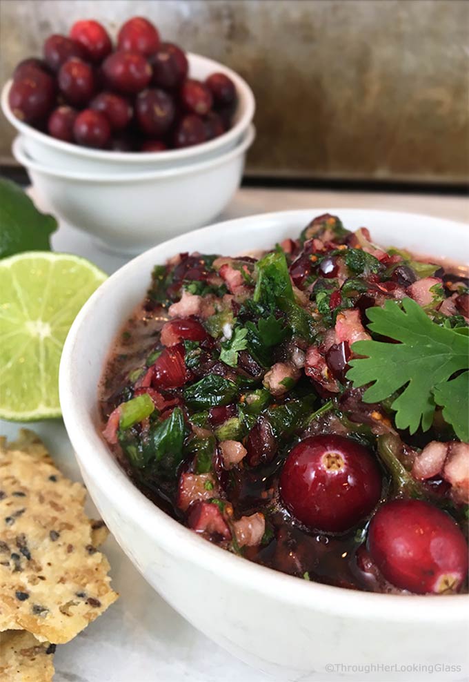 Sweet and tart, tangy and addictive: that's Sweet Lime Cranberry Salsa in a nutshell. So festive and pretty served with fresh cheeses and crackers on the appetizer sideboard.