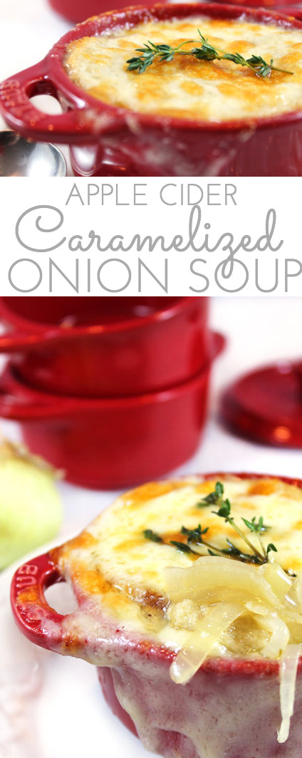 Apple Cider Caramelized Onion Soup is a sweet and flavorful version of your favorite French onion soup. Apple cider, chicken and beef broth simmer with sweet onions and thyme. Topped with a slice of French bread and bubbly sharp cheddar cheese, this is a delicious main dish or appetizer soup.