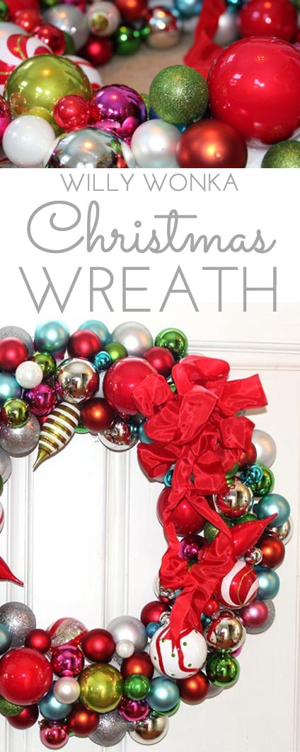 This Willy Wonka Christmas Ball Wreath is a fun and sparkly way to welcome in the Christmas holidays. Easy to make too. Just hot glue Christmas ornaments of various colors, shapes and sizes onto a styrofoam wreath form.