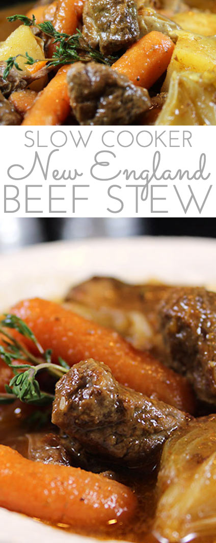 New England Slow Cooker Beef Stew Recipe. Hearty and tender beef stew cooks all day long in the crockpot. Rich gravy and tender beef and vegetables. Best beef stew ever!