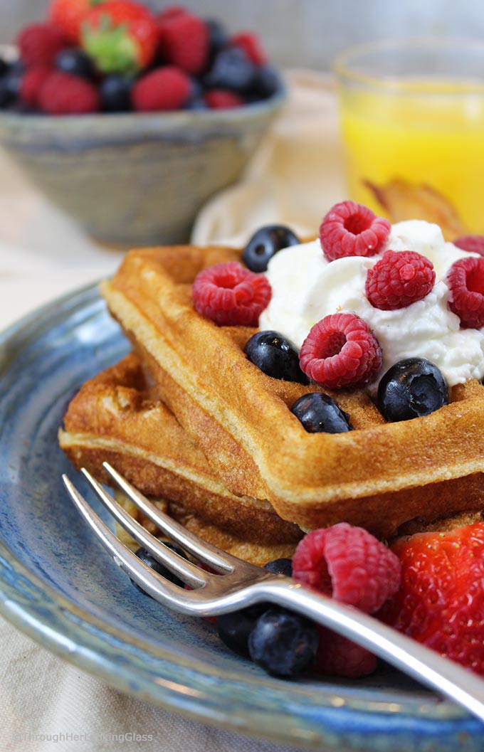 Pair these White Wheat Buttermilk Waffles with fresh berries and powdered sugar or butter and maple syrup for a delicious treat.