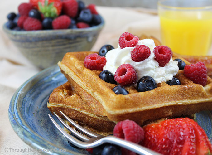 Pair these White Wheat Buttermilk Waffles with fresh berries and powdered sugar or butter and maple syrup for a delicious treat.