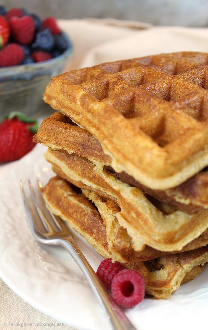 Pair these tender, golden White Wheat Buttermilk Waffles with fresh berries and powdered sugar or butter and maple syrup for a delicious treat.