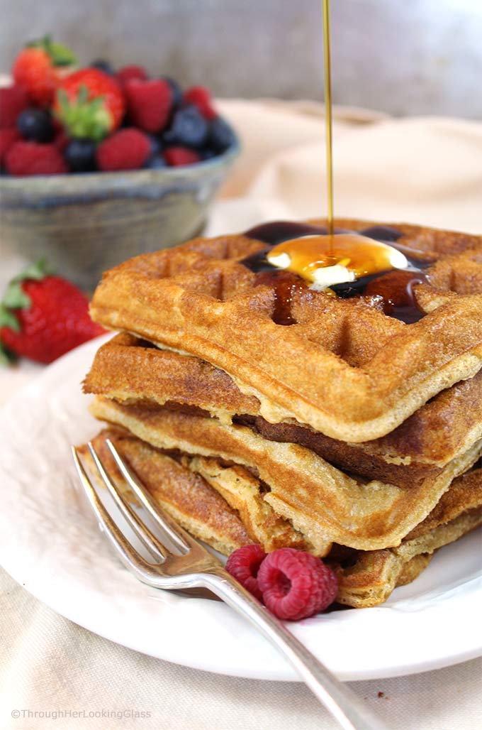 Pair these tender, golden White Wheat Buttermilk Waffles with fresh berries and powdered sugar or butter and maple syrup for a delicious treat.