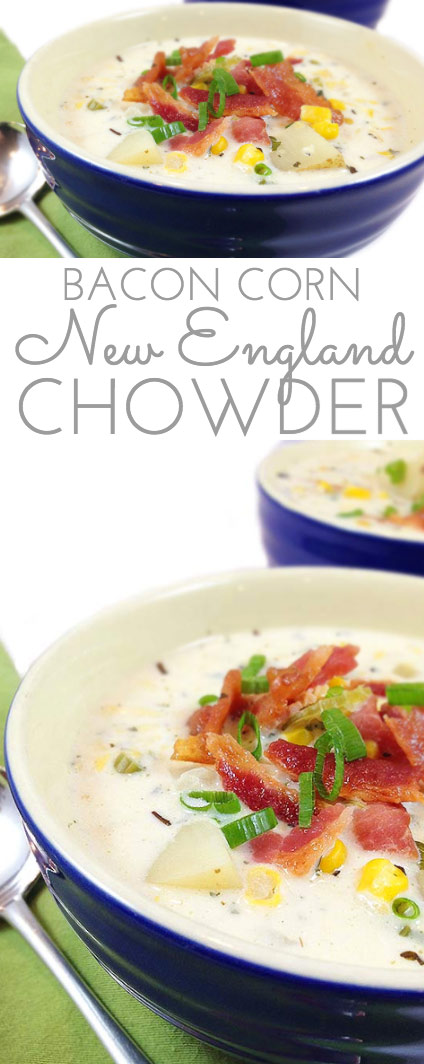 Famous New England Bacon Corn Chowder Recipe. It's magical coming in from the cold on a blustery winter day to a steaming bowl of creamy bacon corn chowder.