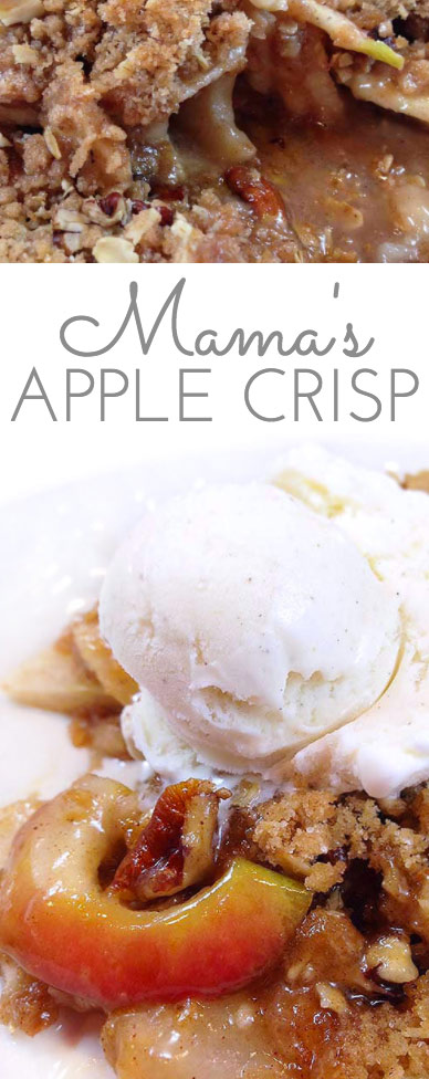 Mama's Best Apple Crisp: traditional apple crisp. Tender apples, crispy topping! Surprise ingredients: orange juice and vanilla. Best apple crisp ever!