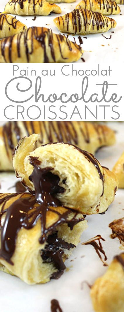 Pain Au Chocolat (Chocolate Croissant Recipe): Light, flaky, chocolate-filled buttery croissants with chocolate drizzle. Impressive bakery-style pastries. Easily made with store bought croissant dough.