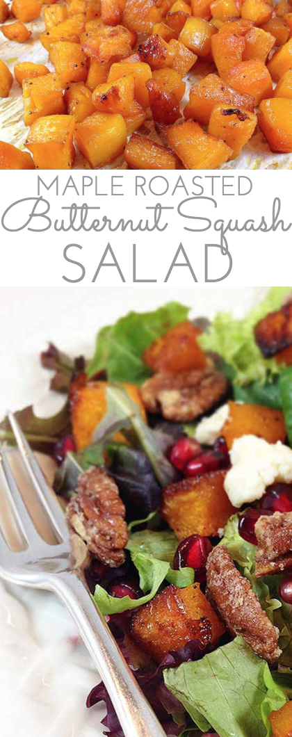 Maple Roasted Butternut Squash & Pomegranate Harvest Salad. The butternut squash is golden and caramelized. Zippy homemade pomegranate blender dressing.