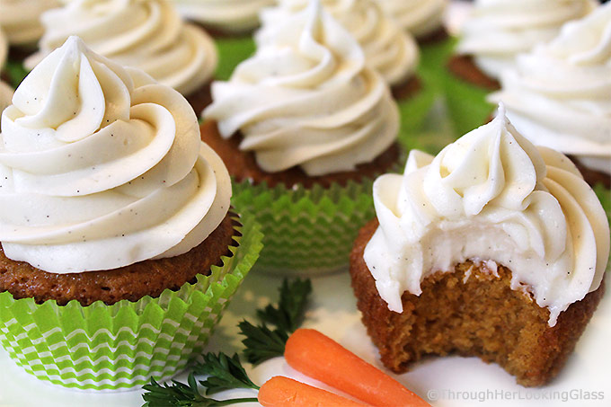 Carrot Cake Cupcakes w/Vanilla Bean Cream Cheese Frosting: tender, carrot cake cupcakes with beautiful texture. Luscious cream cheese icing with vanilla bean flecks. Out of this world good!