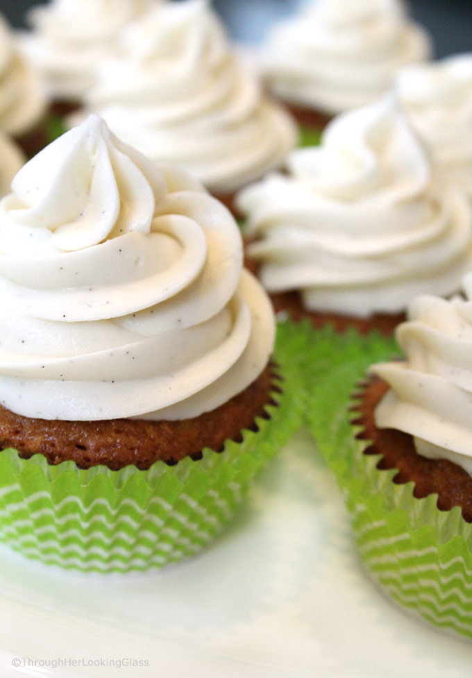 Carrot Cake Cupcakes w/Vanilla Bean Cream Cheese Frosting: tender, carrot cake cupcakes with beautiful texture. Luscious cream cheese icing with vanilla bean flecks. Out of this world good!