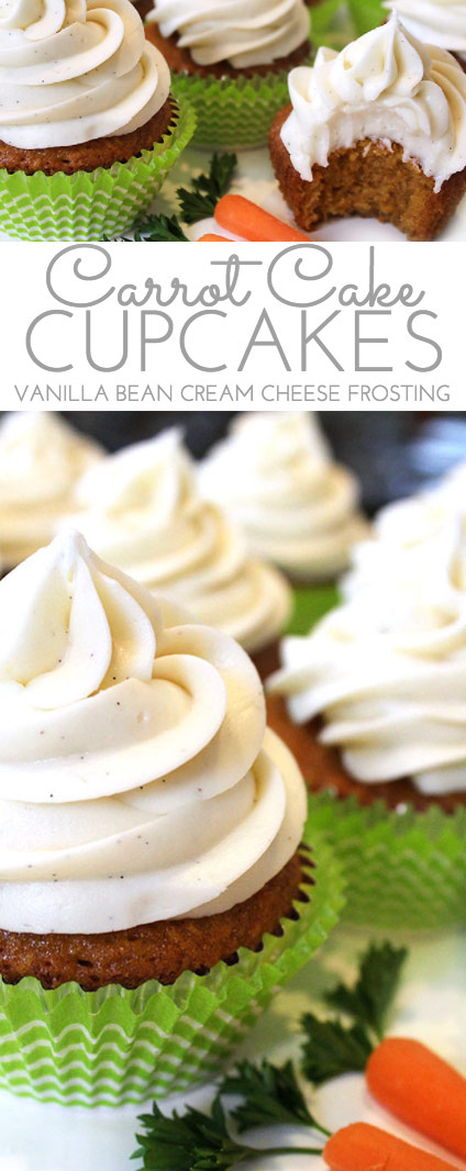 Carrot Cake Cupcakes w/Vanilla Bean Cream Cheese Frosting: tender, carrot cake cupcakes with beautiful texture. Luscious cream cheese icing with vanilla bean flecks. Out of this world good!