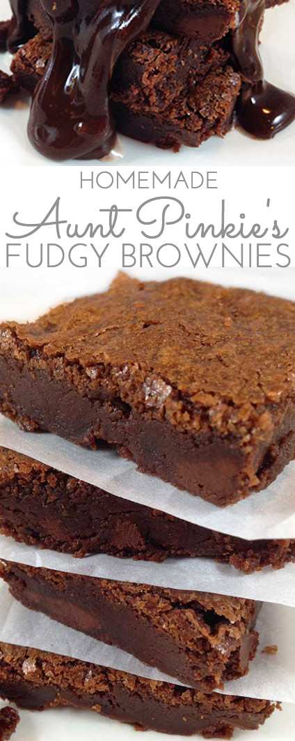 Aunt Pinkie's Famous Fudgy Brownies. A fudgy and decadent brownie. Perfect warm, topped with vanilla bean ice-cream, drenched in hot fudge sauce.