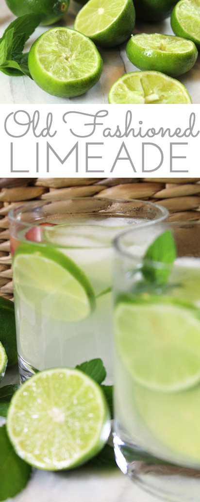 Two glasses of this old-fashioned limeade in glasses with ice, lime slices, and fresh mint