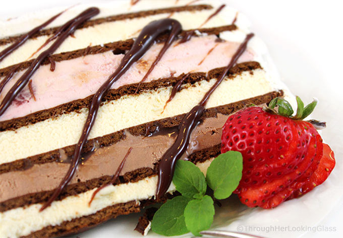 This 10 Minute Neapolitan Easy Ice Cream Cake Recipe is fast fast fast to make. And it disappears just as quickly too. Layer ice cream and fudge sauce between ice cream sandwiches and you're good to go! Say goodbye to expensive store bought ice cream cakes this summer.