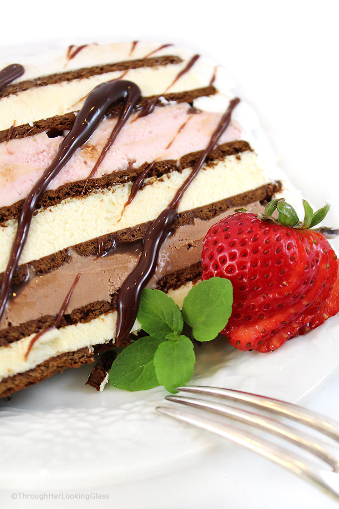 This 10 Minute Neapolitan Easy Ice Cream Cake Recipe is fast fast fast to make. And it disappears just as quickly too. Layer ice cream and fudge sauce between ice cream sandwiches and you're good to go! Say goodbye to expensive store bought ice cream cakes this summer.