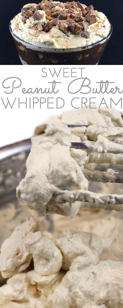 Sweet Peanut Butter Whipped Cream: creamy peanut butter flavored whipped cream that adds extra panache to cakes, pies, trifles, pudding, and hot chocolate!