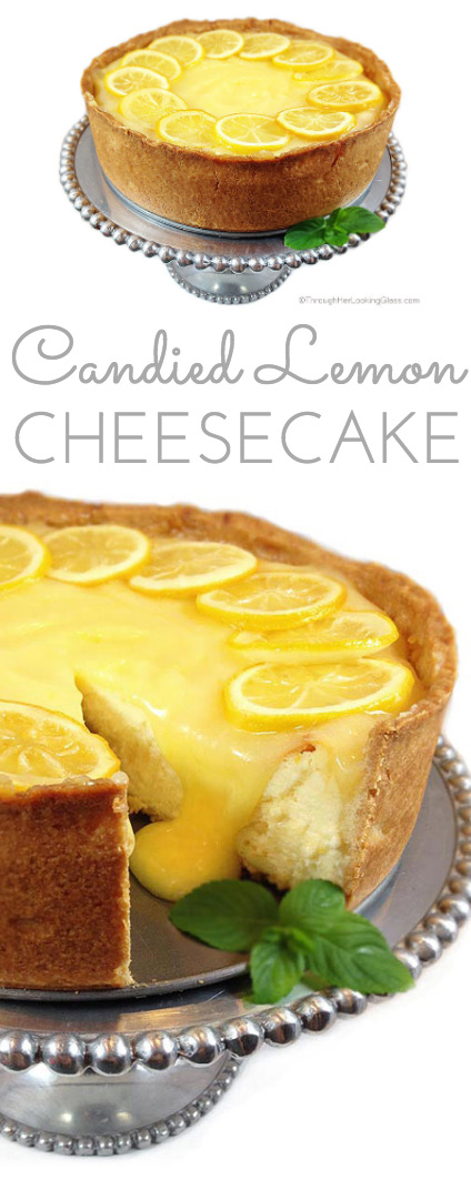 Candied Lemon Cheesecake. Deliciously sweet and crunchy crust, creamy cheesecake and tangy homemade lemon curd. All garnished with tart candied lemons.