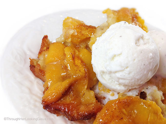 Roasted Peach Cobbler. The batter underneath cooks, bubbles up all around the peaches. Gets all crispy and yummy on the edges. Fabulous!!!